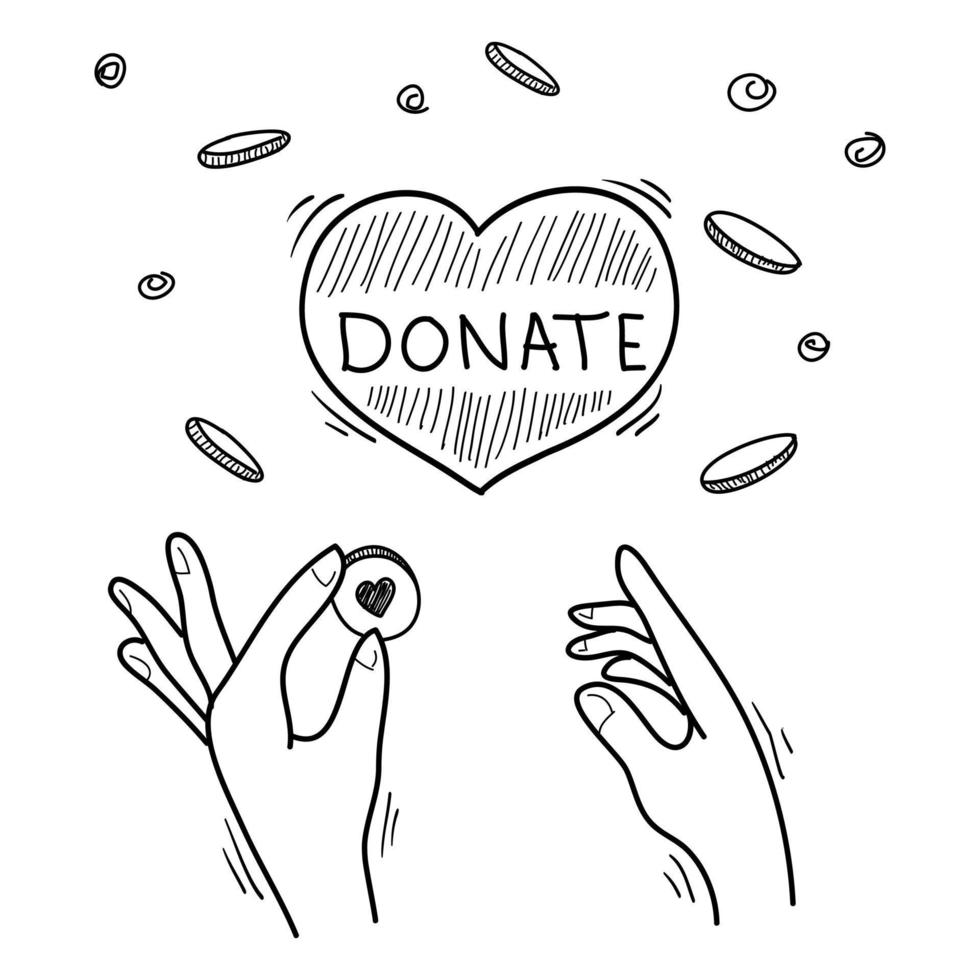 doe desenhado à mão. conceito de caridade e doação. mãos dão e compartilham amor para as pessoas. gesto de mãos no estilo doodle, ilustração vetorial vetor