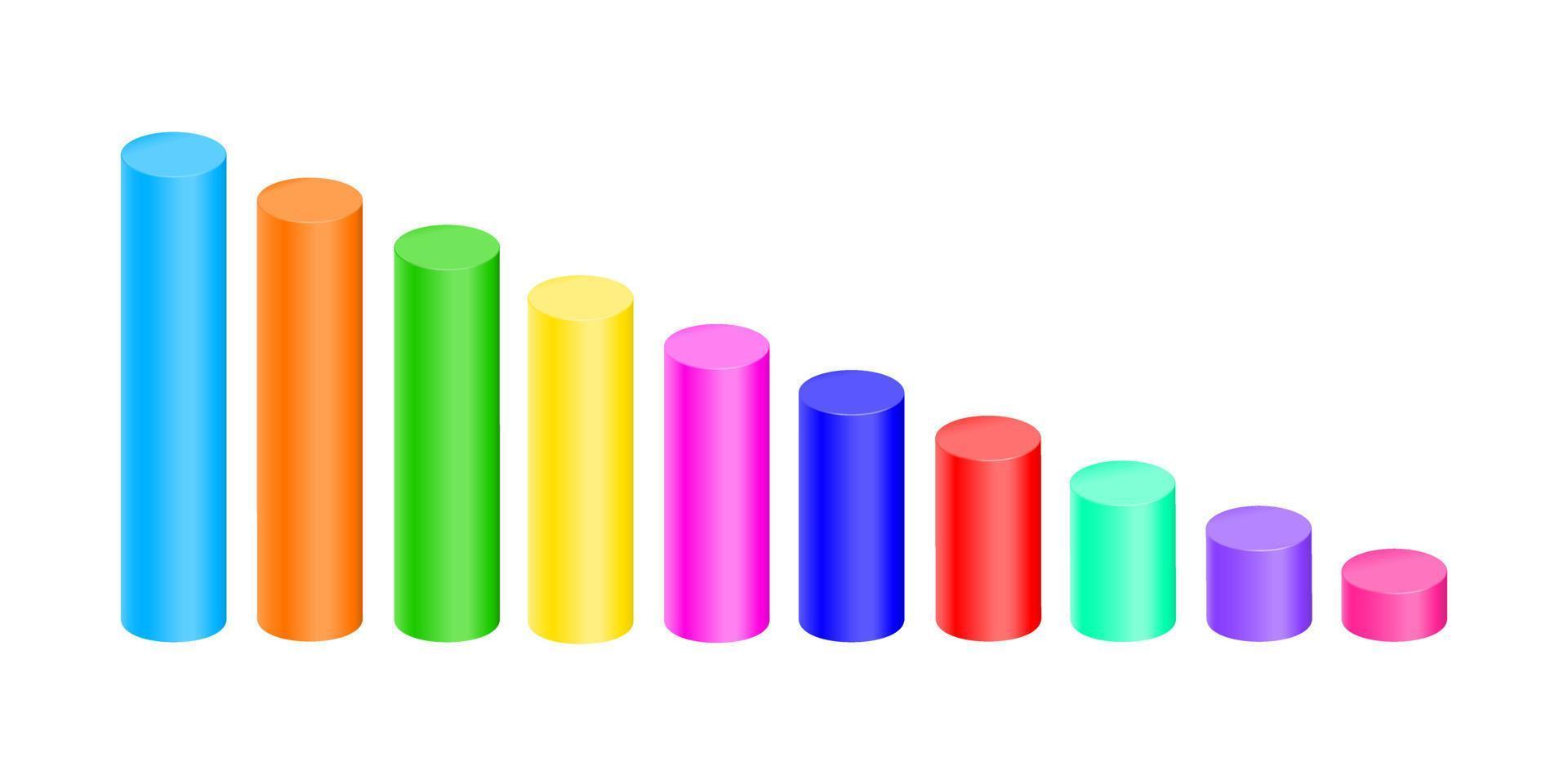 cilindros coloridos. gráfico de barras, elementos do gráfico de colunas para infográfico estatístico de finanças. sinais de crescimento ou diminuição vetor