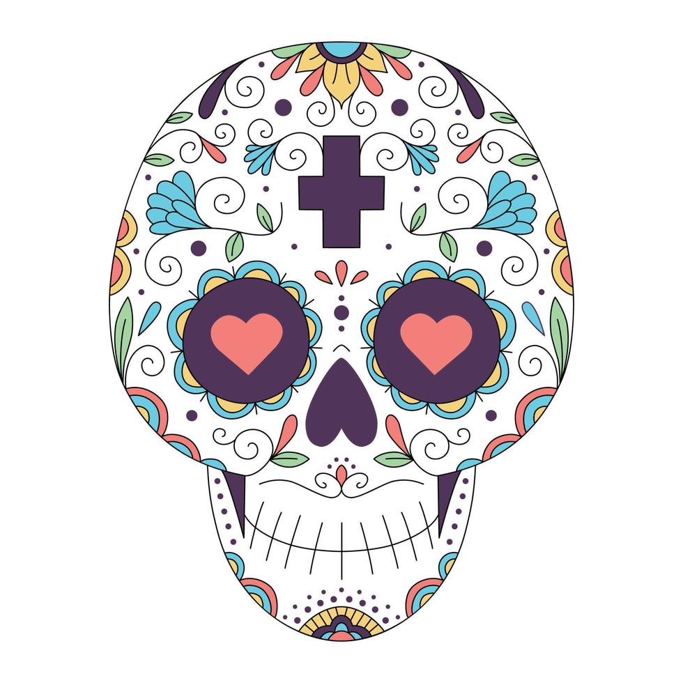ilustração em vetor de caveira mexicana com ornamento e flores. crânio de açúcar. o dia da morte. tatuagem. cores psicodélicas.