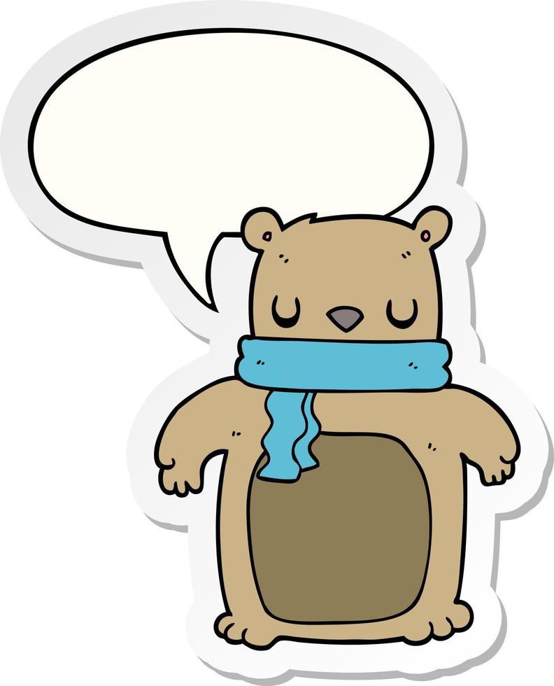 urso de desenho animado e cachecol e adesivo de bolha de fala vetor
