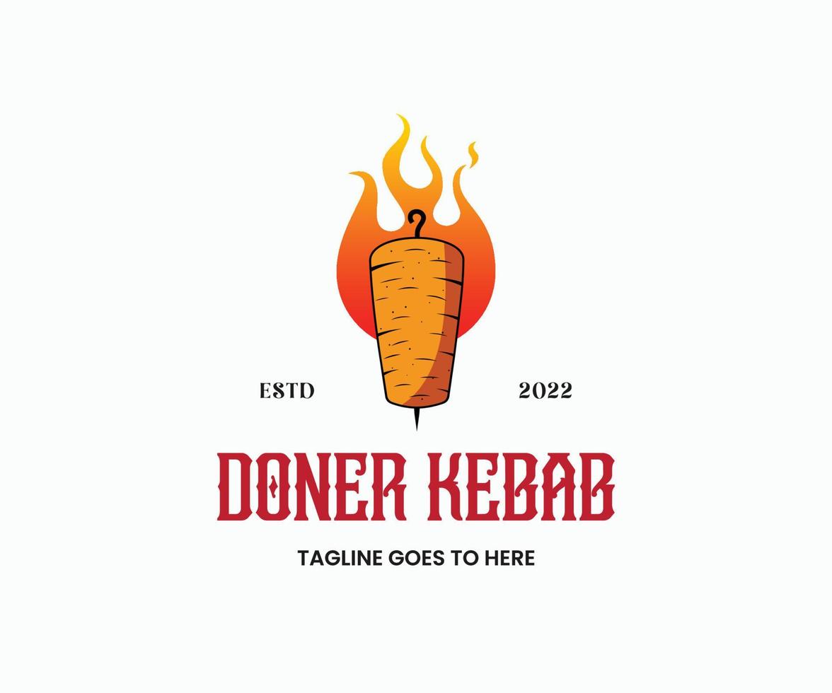 logotipo do quibe. doner kebab nacional turco carne comida refeição. espeto de carne com vara de gancho e chamas de fogo quente. vetor