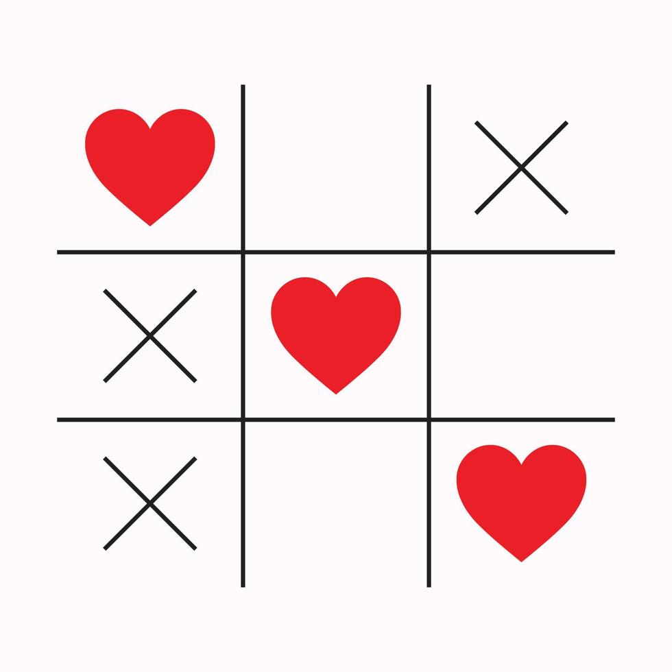 jogo tic tac toe com coração vermelho e marca de sinal cruzado no centro ilustração em vetor de fundo de design plano de cartão de amor