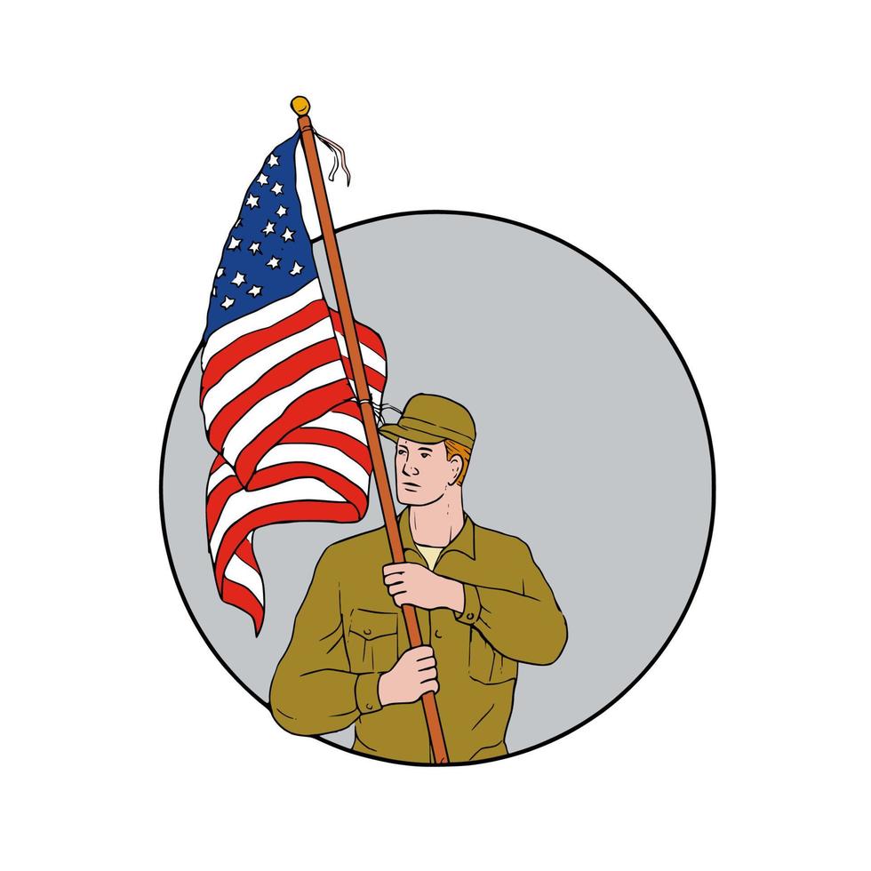 soldado americano segurando o desenho do círculo da bandeira dos eua vetor