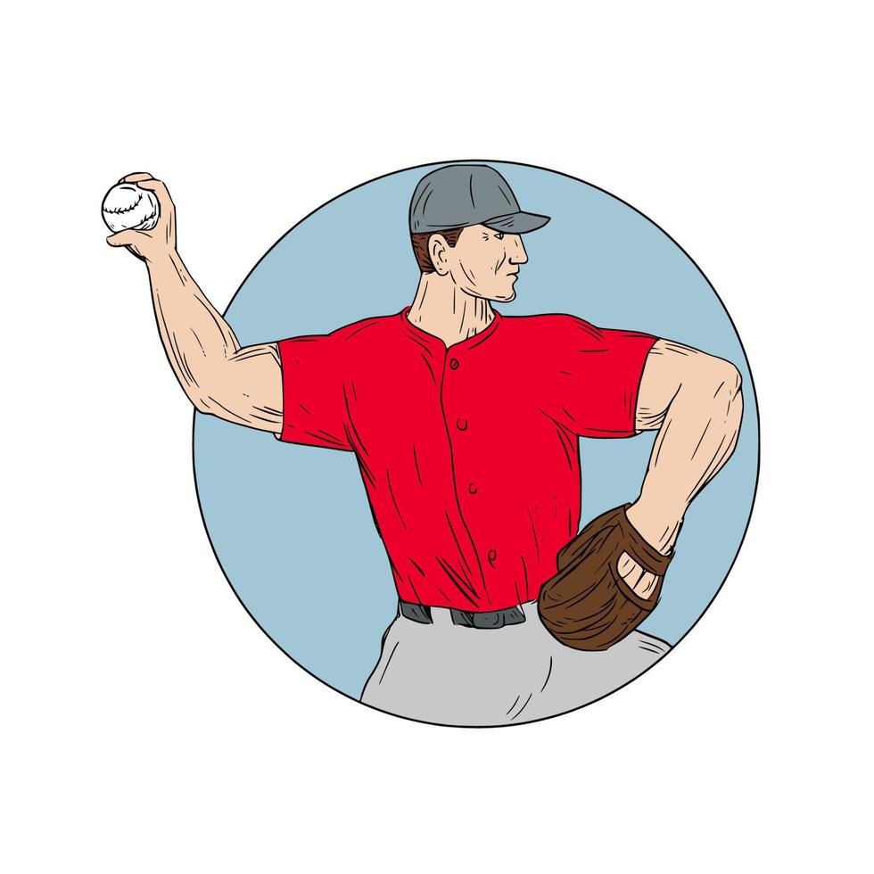 arremessador de beisebol americano jogando bola desenho de círculo vetor