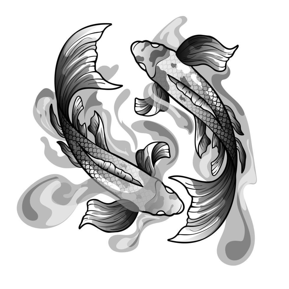 peixe koi desenhado à mão com tatuagem de flor para o braço. tatuagem japonesa e ilustração para livro de colorir. desenho de tatuagem tradicional asiático. carpa koi com respingos de água vetor