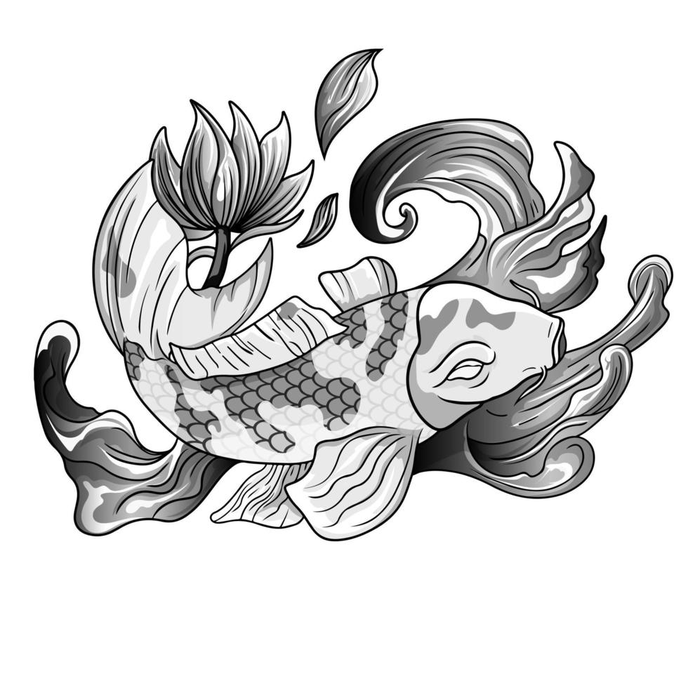 peixe koi desenhado à mão com tatuagem de flor para o braço. tatuagem japonesa e ilustração para livro de colorir. desenho de tatuagem tradicional asiático. carpa koi com respingos de água vetor