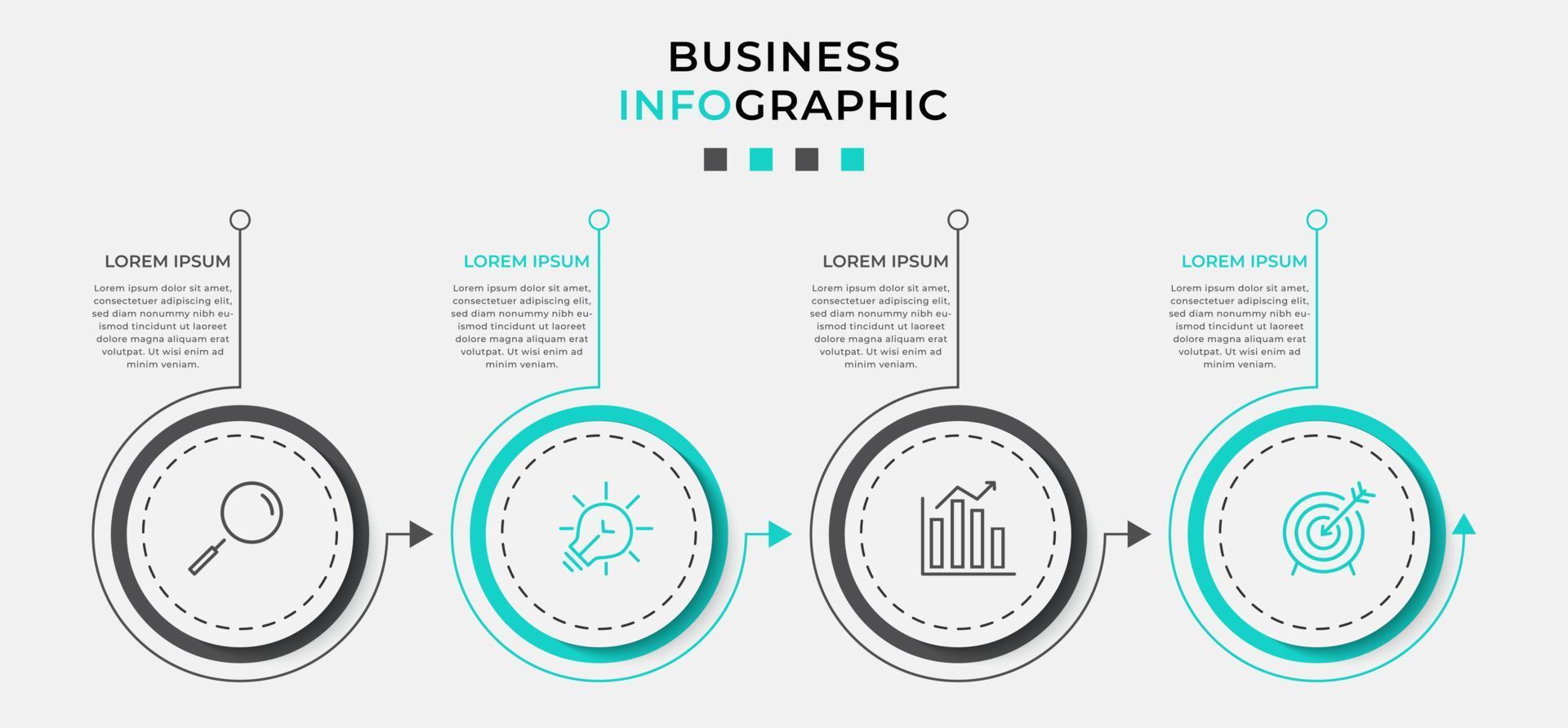 modelo de negócios de design infográfico vetorial com ícones e 4 opções ou etapas. pode ser usado para diagrama de processo, apresentações, layout de fluxo de trabalho, banner, fluxograma, gráfico de informações vetor