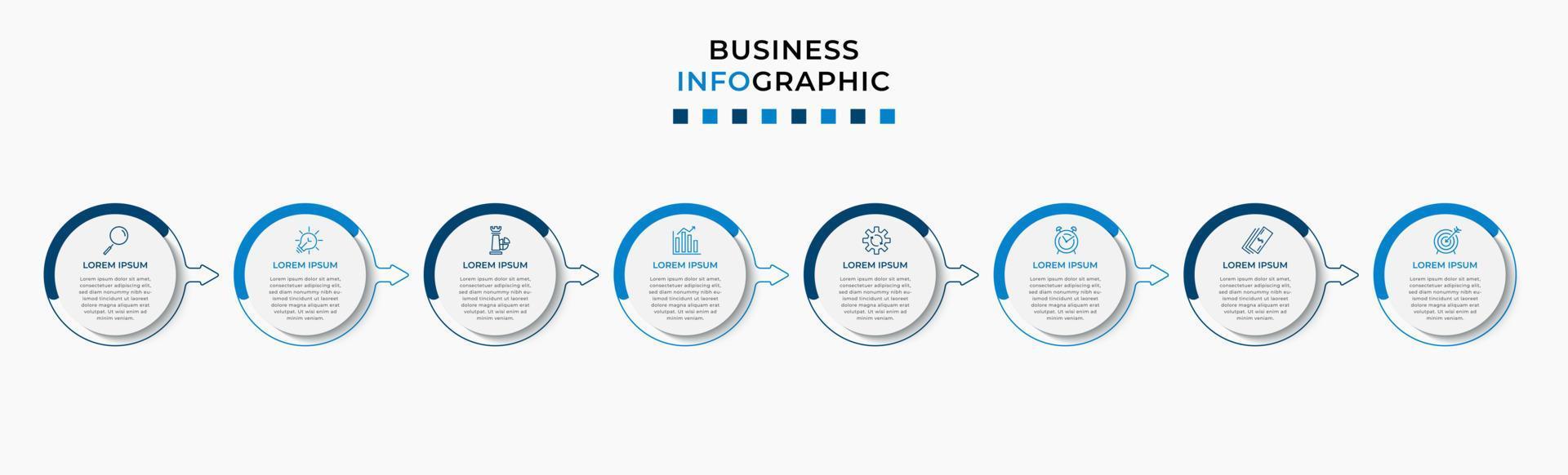 modelo de negócios de design infográfico vetorial com ícones e 8 opções ou etapas. pode ser usado para diagrama de processo, apresentações, layout de fluxo de trabalho, banner, fluxograma, gráfico de informações vetor