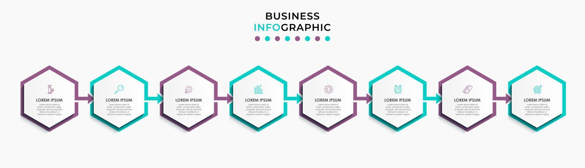 modelo de negócios de design infográfico vetorial com ícones e 8 opções ou etapas. pode ser usado para diagrama de processo, apresentações, layout de fluxo de trabalho, banner, fluxograma, gráfico de informações vetor