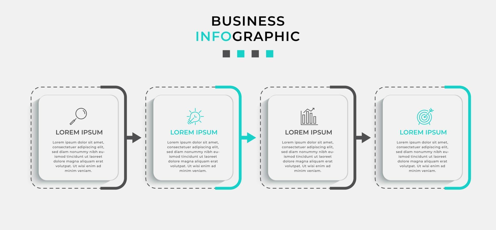 modelo de negócios de design infográfico vetorial com ícones e 4 opções ou etapas. pode ser usado para diagrama de processo, apresentações, layout de fluxo de trabalho, banner, fluxograma, gráfico de informações vetor