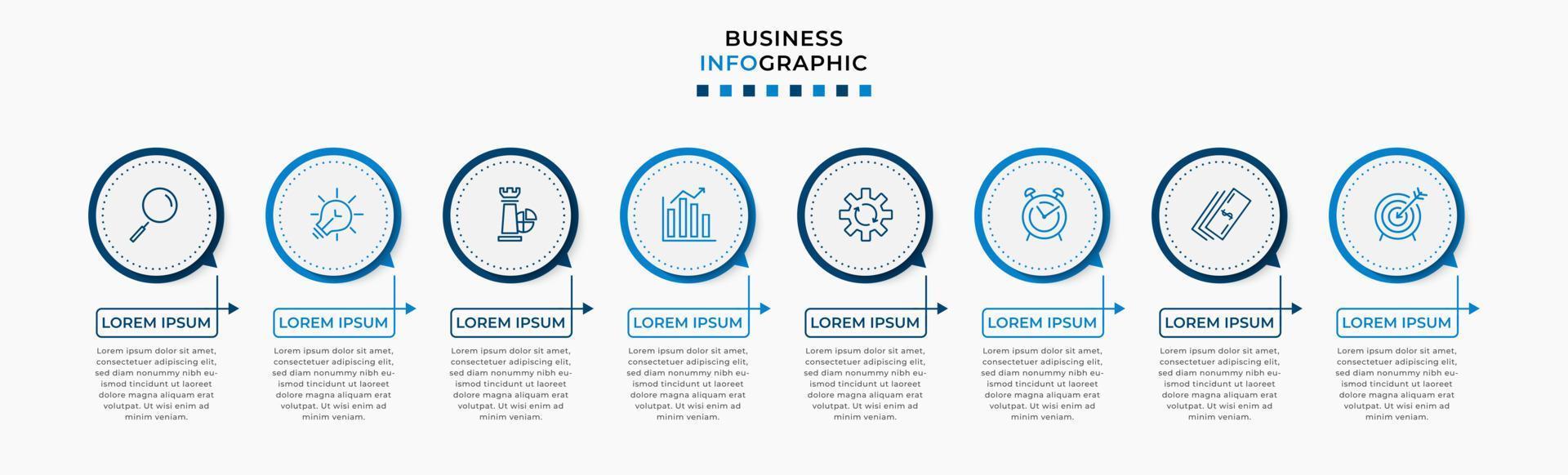 modelo de negócios de design infográfico vetorial com ícones e 8 opções ou etapas. pode ser usado para diagrama de processo, apresentações, layout de fluxo de trabalho, banner, fluxograma, gráfico de informações vetor