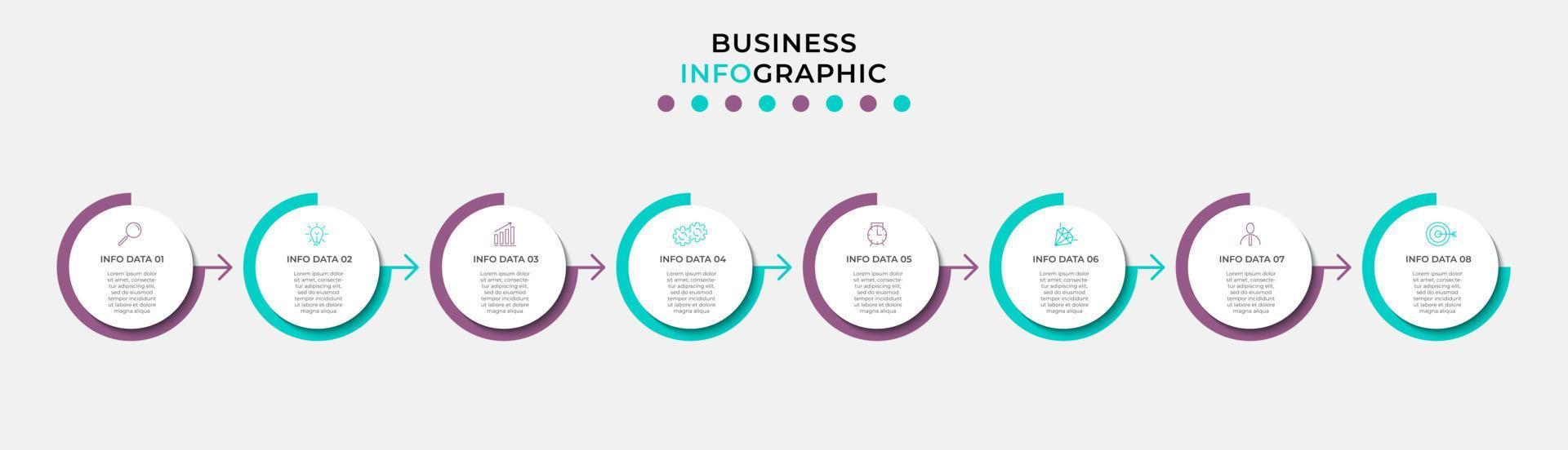 modelo de negócios de design infográfico vetorial com ícones e 8 opções ou etapas. pode ser usado para diagrama de processo, apresentações, layout de fluxo de trabalho, banner, fluxograma, gráfico de informações vetor