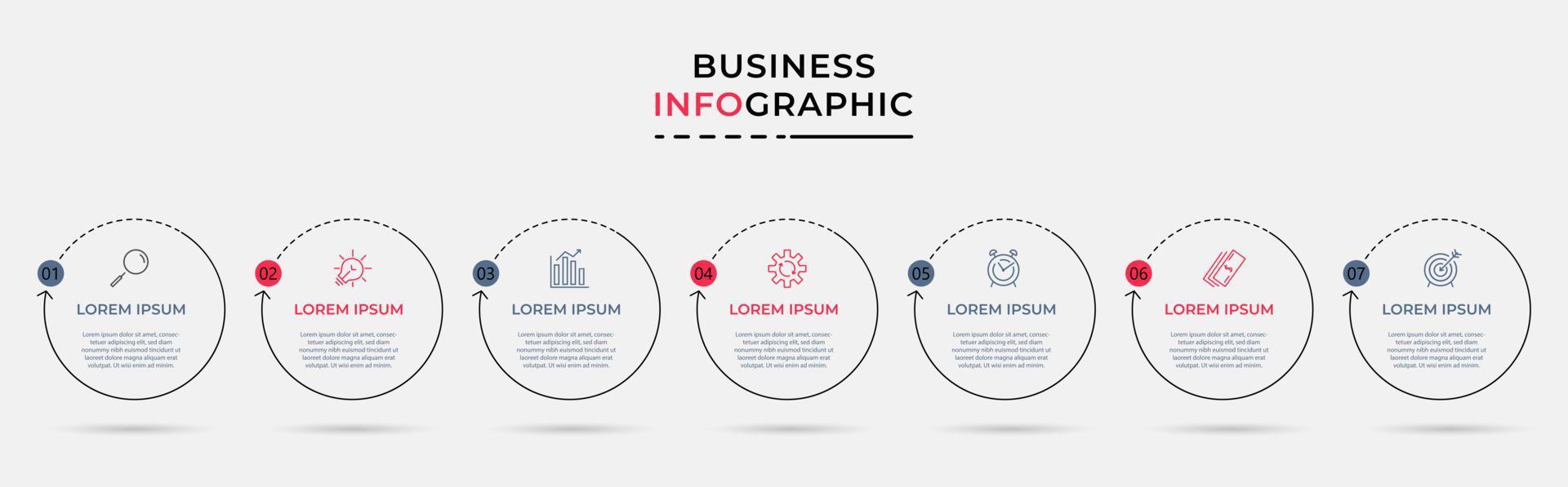 vetor de modelo de design de infográfico de negócios com ícones e 7 opções ou etapas. pode ser usado para diagrama de processo, apresentações, layout de fluxo de trabalho, banner, fluxograma, gráfico de informações