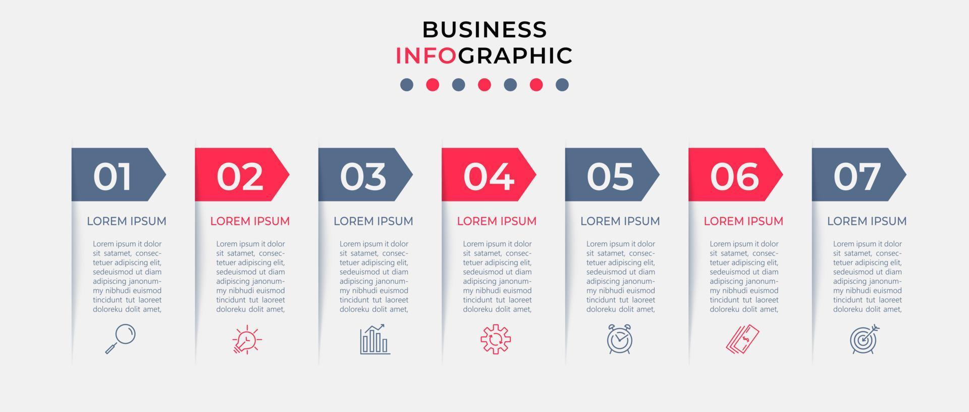 vetor de modelo de design de infográfico de negócios com ícones e 7 opções ou etapas. pode ser usado para diagrama de processo, apresentações, layout de fluxo de trabalho, banner, fluxograma, gráfico de informações