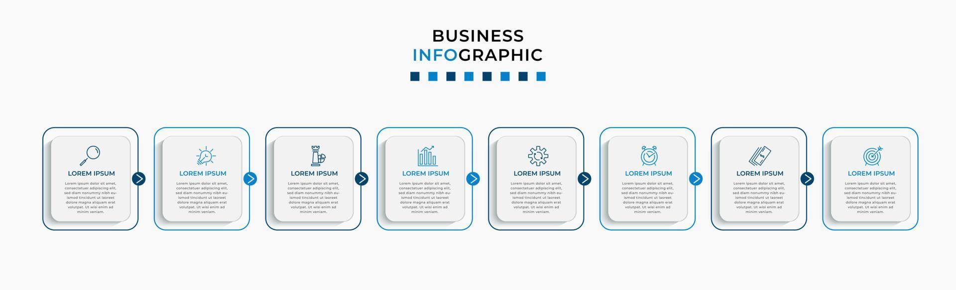 modelo de negócios de design infográfico vetorial com ícones e 8 opções ou etapas. pode ser usado para diagrama de processo, apresentações, layout de fluxo de trabalho, banner, fluxograma, gráfico de informações vetor