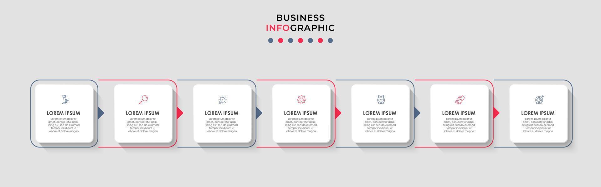 vetor de modelo de design de infográfico de negócios com ícones e 7 opções ou etapas. pode ser usado para diagrama de processo, apresentações, layout de fluxo de trabalho, banner, fluxograma, gráfico de informações