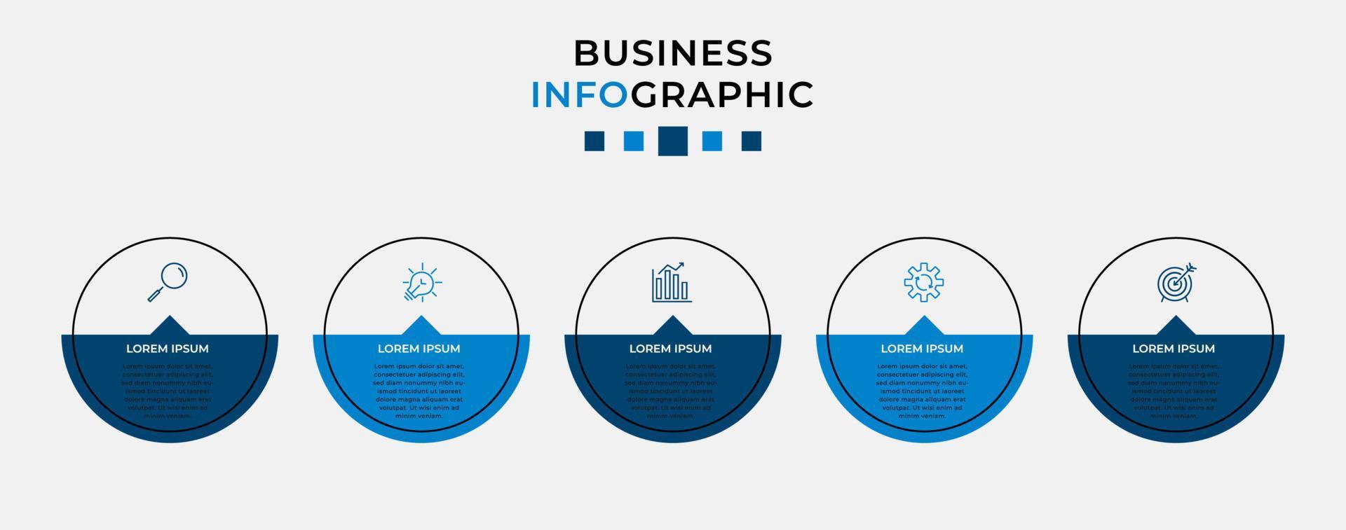 infográfico modelo de negócio de design de vetor com ícones e 5 opções ou etapas. pode ser usado para diagrama de processo, apresentações, layout de fluxo de trabalho, banner, fluxograma, gráfico de informações