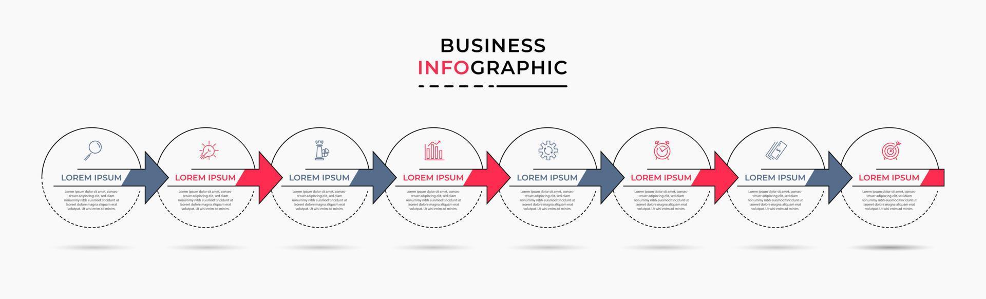 modelo de negócios de design infográfico vetorial com ícones e 8 opções ou etapas. pode ser usado para diagrama de processo, apresentações, layout de fluxo de trabalho, banner, fluxograma, gráfico de informações vetor