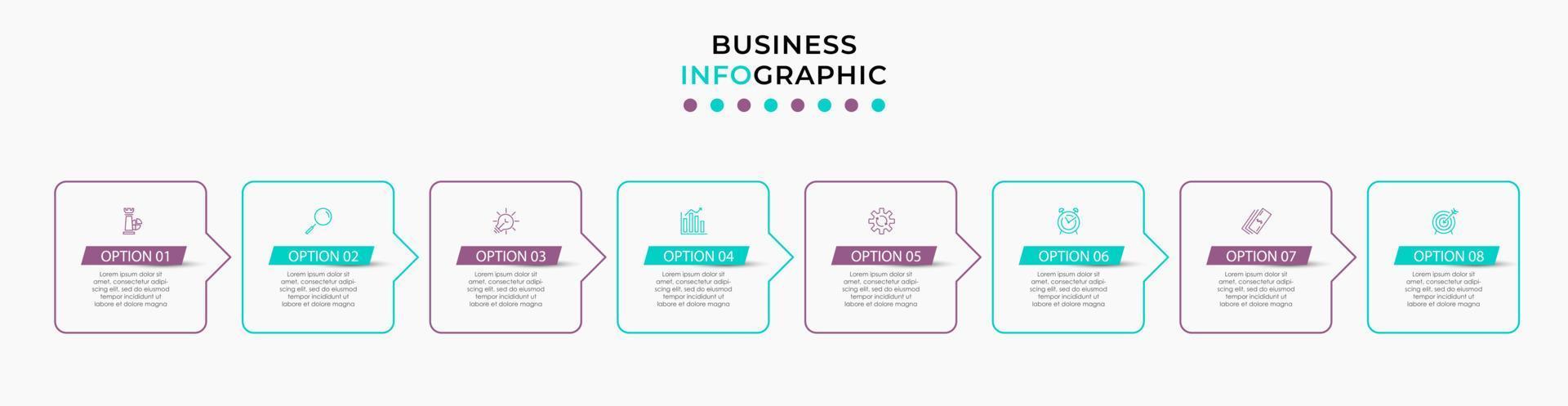 modelo de negócios de design infográfico vetorial com ícones e 8 opções ou etapas. pode ser usado para diagrama de processo, apresentações, layout de fluxo de trabalho, banner, fluxograma, gráfico de informações vetor