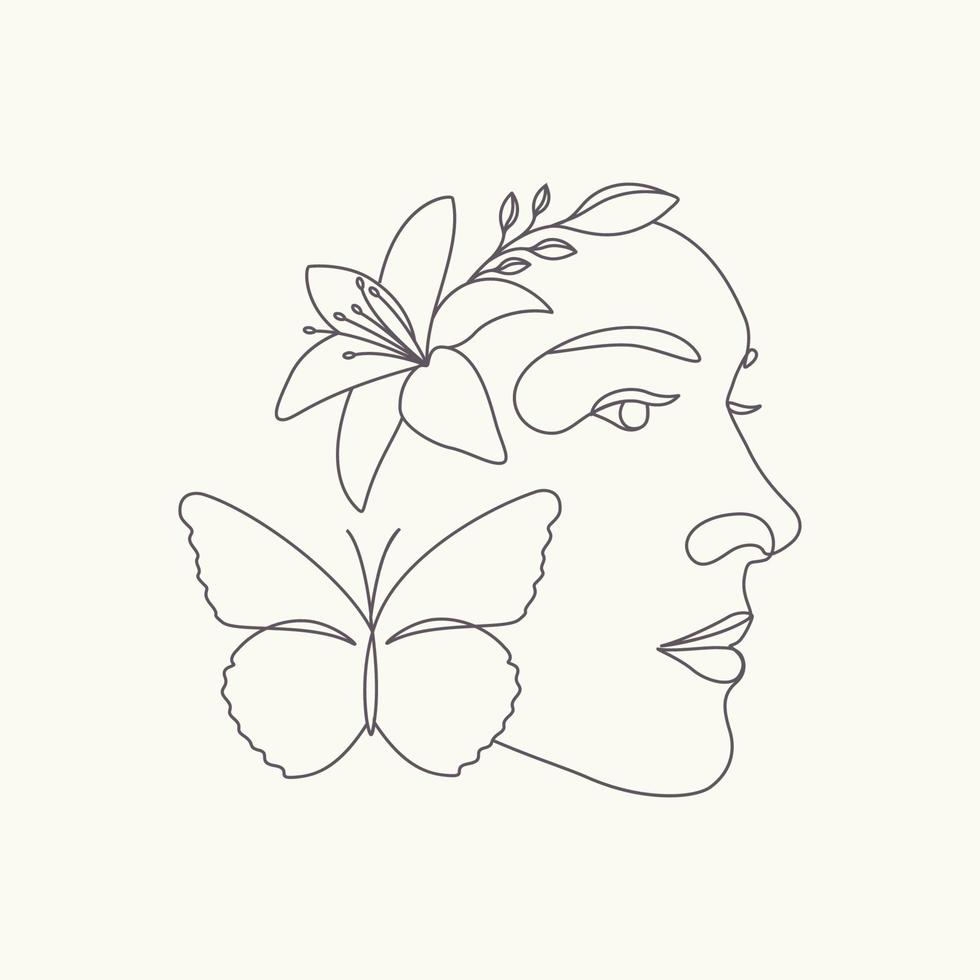 cabeça de mulher desenhada à mão com rosto de beleza de borboleta e flor ilustração de arte de linha mínima vetor