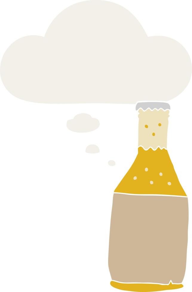 garrafa de cerveja de desenho animado e balão de pensamento em estilo retro vetor