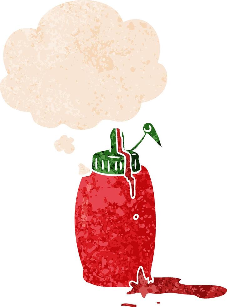 garrafa de ketchup de desenho animado e balão de pensamento em estilo retrô texturizado vetor