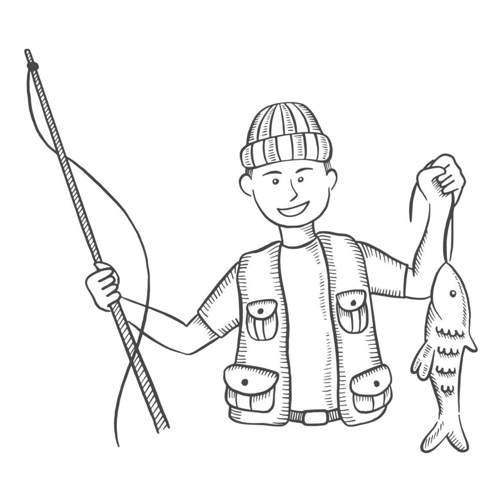 pescador de pesca pegar peixe isolado doodle esboço desenhado à mão com estilo de contorno vetor