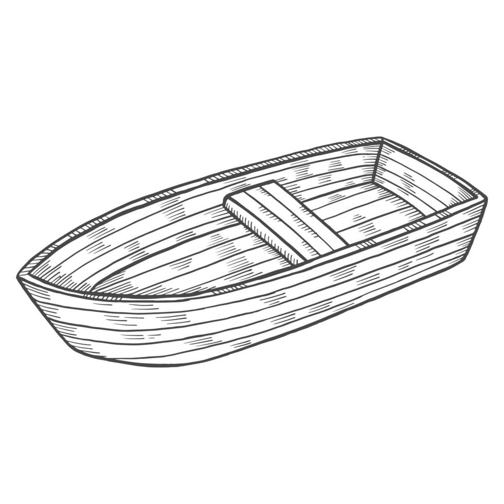 barco de madeira de pesca isolado doodle esboço desenhado à mão com estilo de contorno vetor