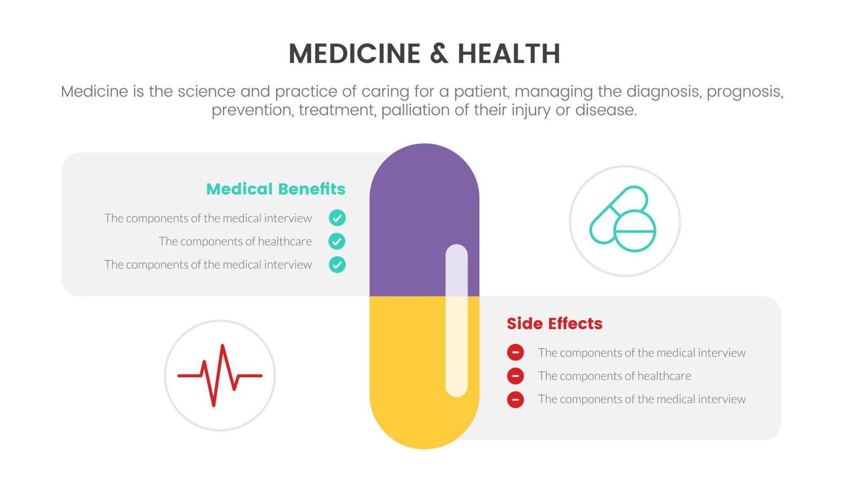 conceito de infográfico de medicina de saúde cápsula para apresentação de slides com comparação de lista de 2 pontos dois lados vetor