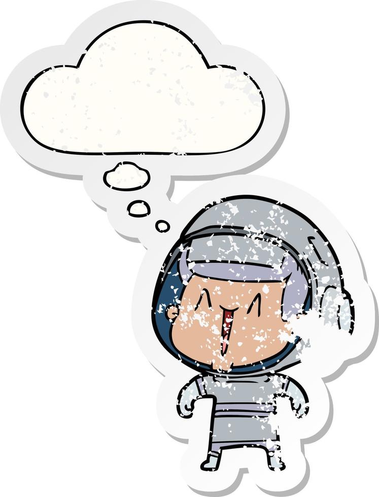 homem de astronauta de desenho animado e balão de pensamento como um adesivo desgastado vetor