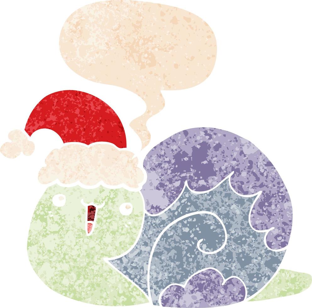 caracol de natal bonito dos desenhos animados e bolha de fala em estilo retrô-texturizado vetor