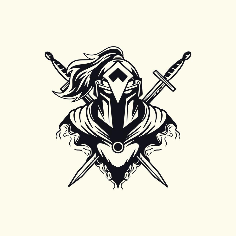 personagem de logotipo do exército espartano com espada cruzada vetor