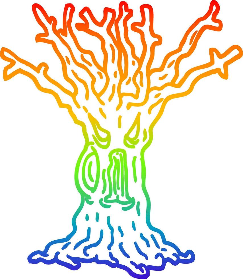 desenho de linha de gradiente de arco-íris árvore assustadora de desenho animado vetor