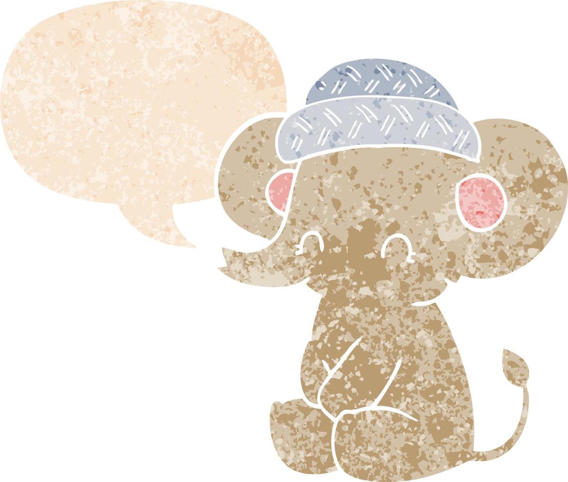 elefante fofo de desenho animado e bolha de fala em estilo retrô texturizado vetor