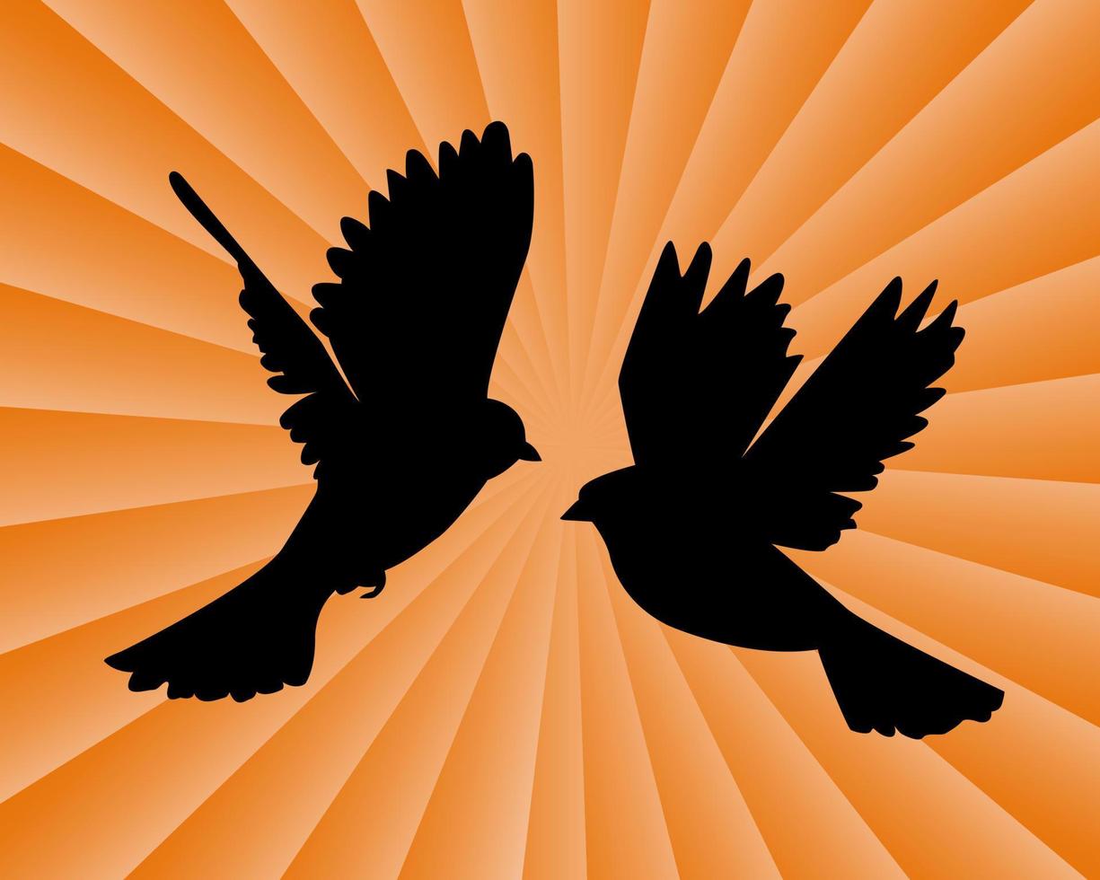 dois pássaros voando em um fundo laranja vetor