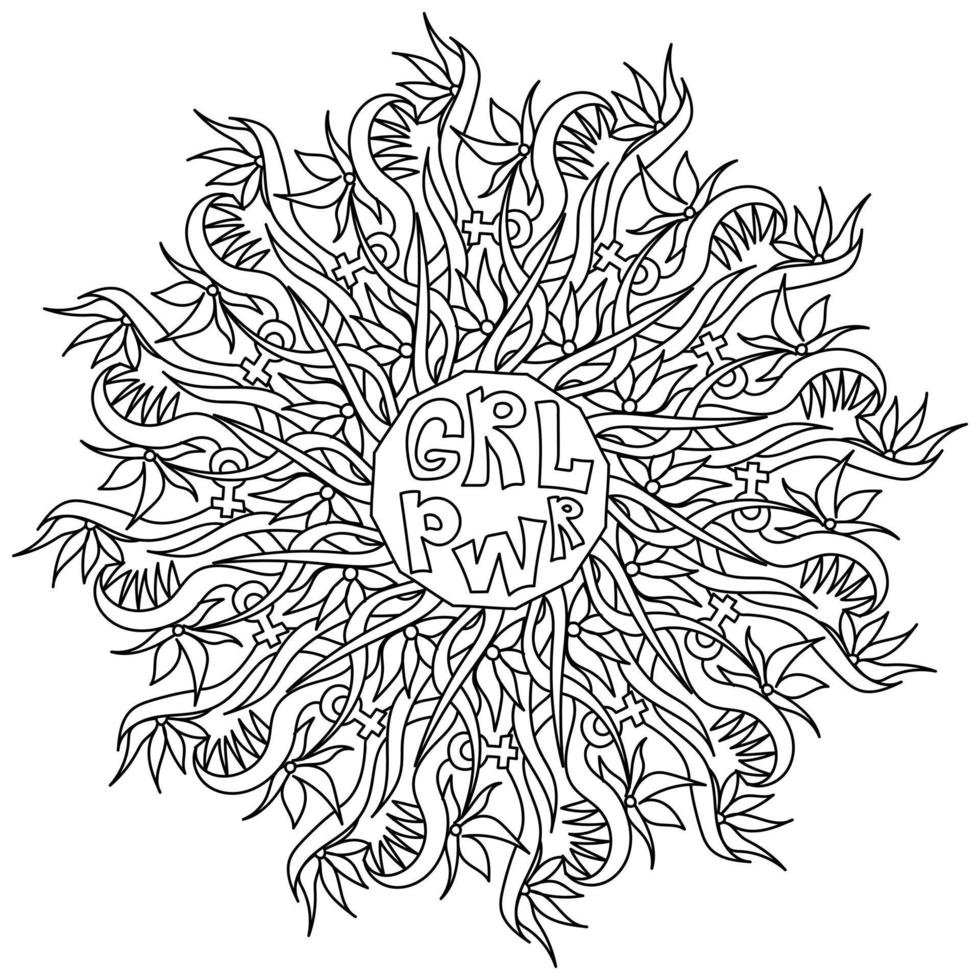 mandala ornamentada com slogan grl pwr no centro, página para colorir anti-stress com cachos e símbolos vetor