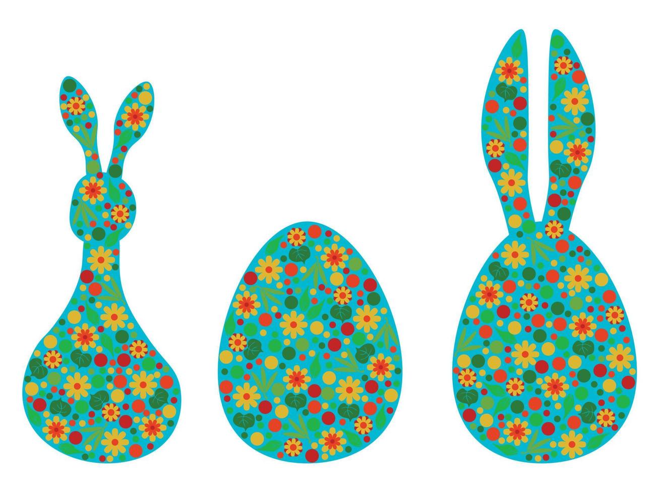 silhuetas de páscoa com conjunto de motivos florais, coelho e ovo para design festivo vetor