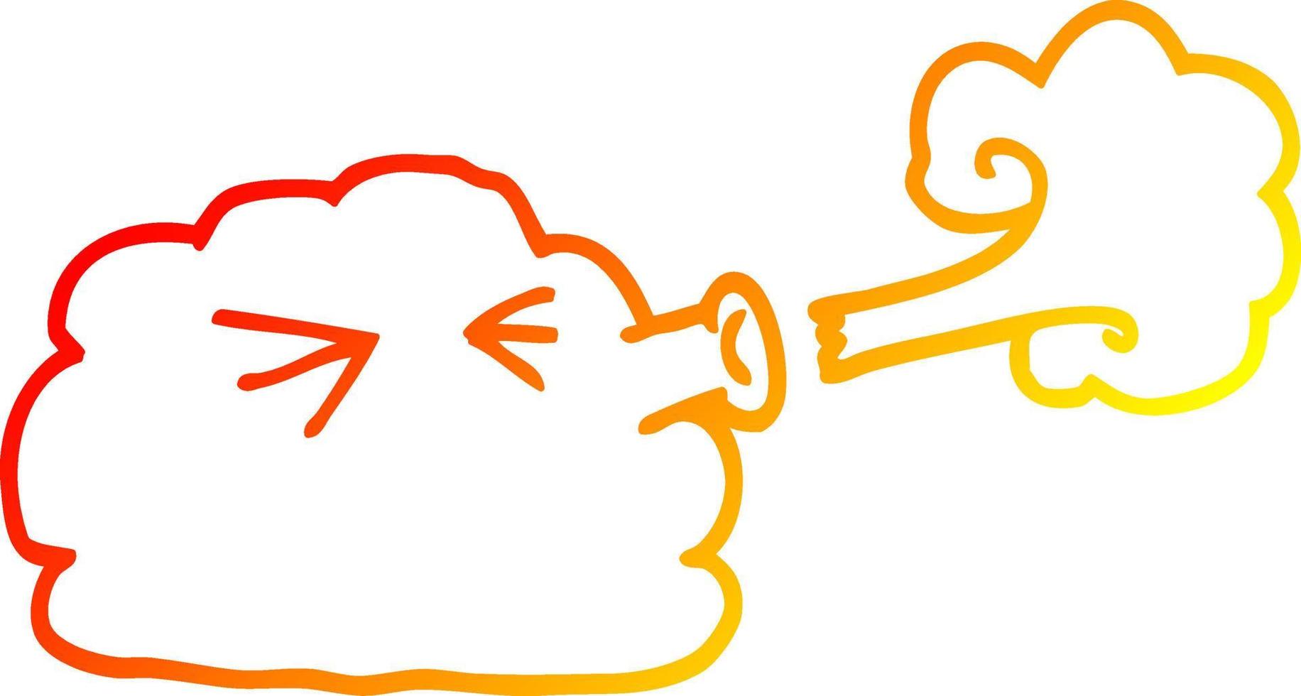 linha de gradiente quente desenhando nuvem de desenho animado soprando um vendaval vetor