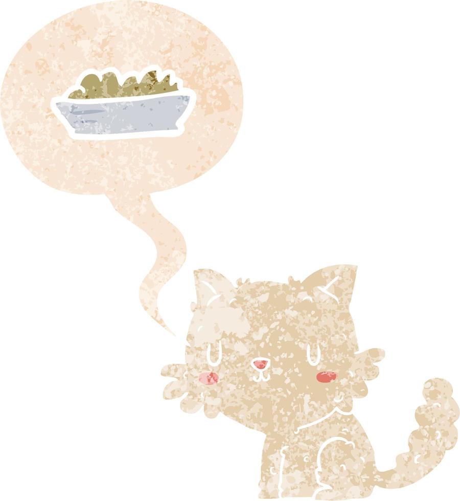 gato de desenho animado e comida e bolha de fala em estilo retrô texturizado vetor