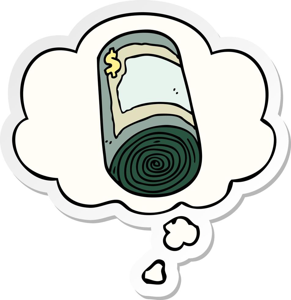 rolo de desenho animado de dinheiro e balão de pensamento como um adesivo impresso vetor
