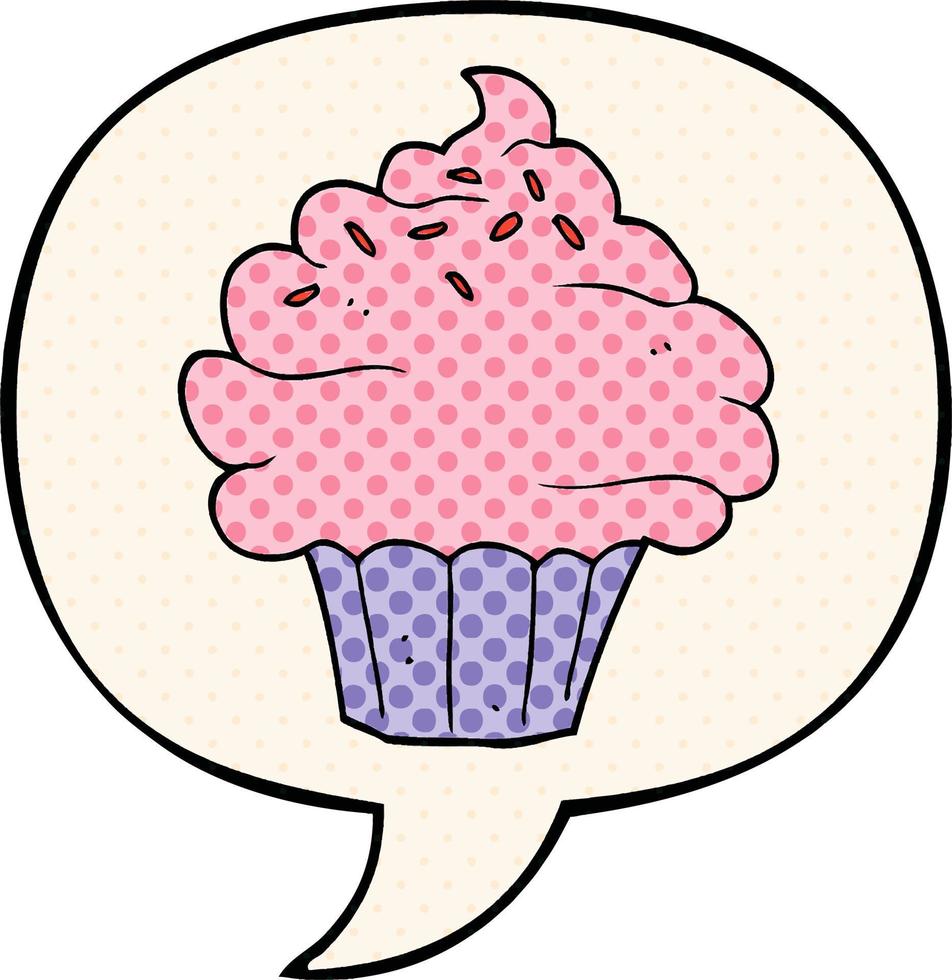 cupcake de desenho animado e bolha de fala no estilo de quadrinhos vetor