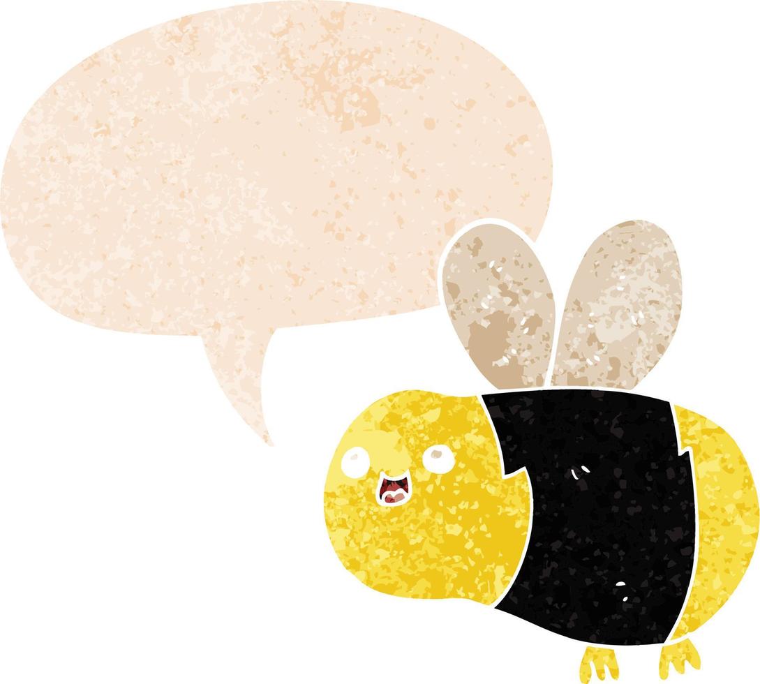 abelha de desenho animado e bolha de fala em estilo retrô texturizado vetor