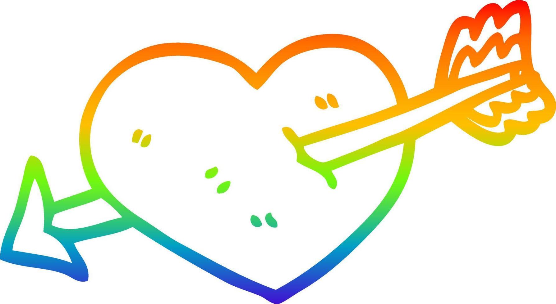 desenho de linha de gradiente de arco-íris coração de desenho animado atravessado com seta vetor