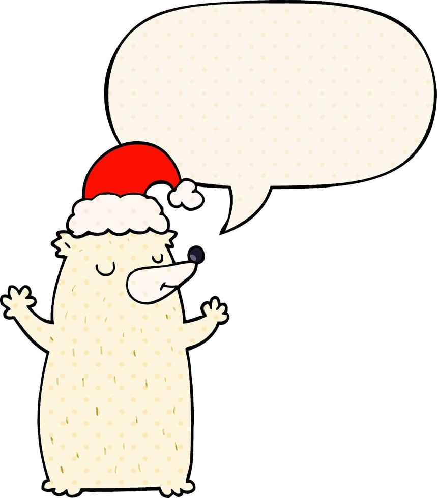 urso de natal bonito dos desenhos animados e bolha de fala no estilo de quadrinhos vetor