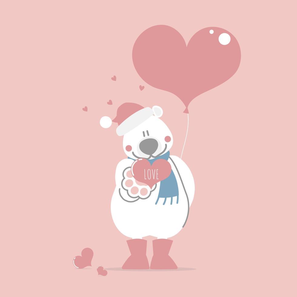 bonito e adorável ursinho de pelúcia desenhado à mão segurando balão de coração e anel, feliz dia dos namorados, conceito de amor, ilustração vetorial plana design de figurino de personagem de desenho animado vetor