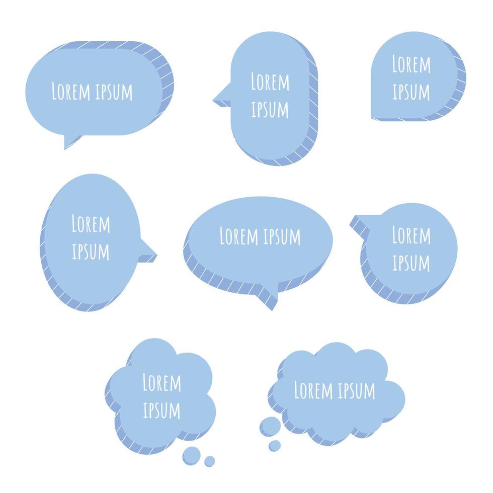 conjunto de coleção de balão de bolha de fala 3d pastel azul bonito pensar, falar, falar, modelo, caixa de texto, ilustração em vetor design plano