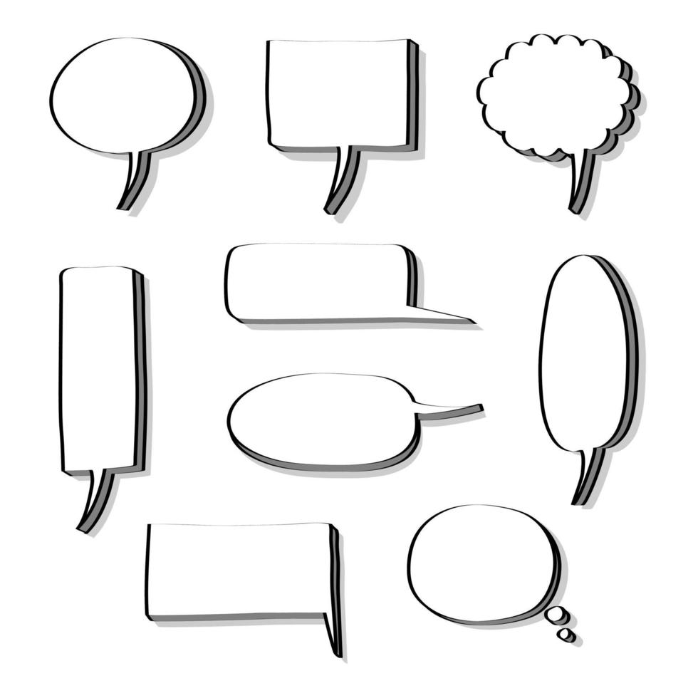 conjunto de coleção de balão de bolha de fala em branco 3d desenhado à mão, pense, fale, fale, banner de caixa de texto, cor preto e branco, ilustração vetorial de design plano vetor