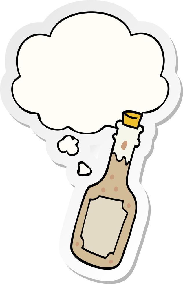 garrafa de cerveja de desenho animado e balão de pensamento como um adesivo impresso vetor