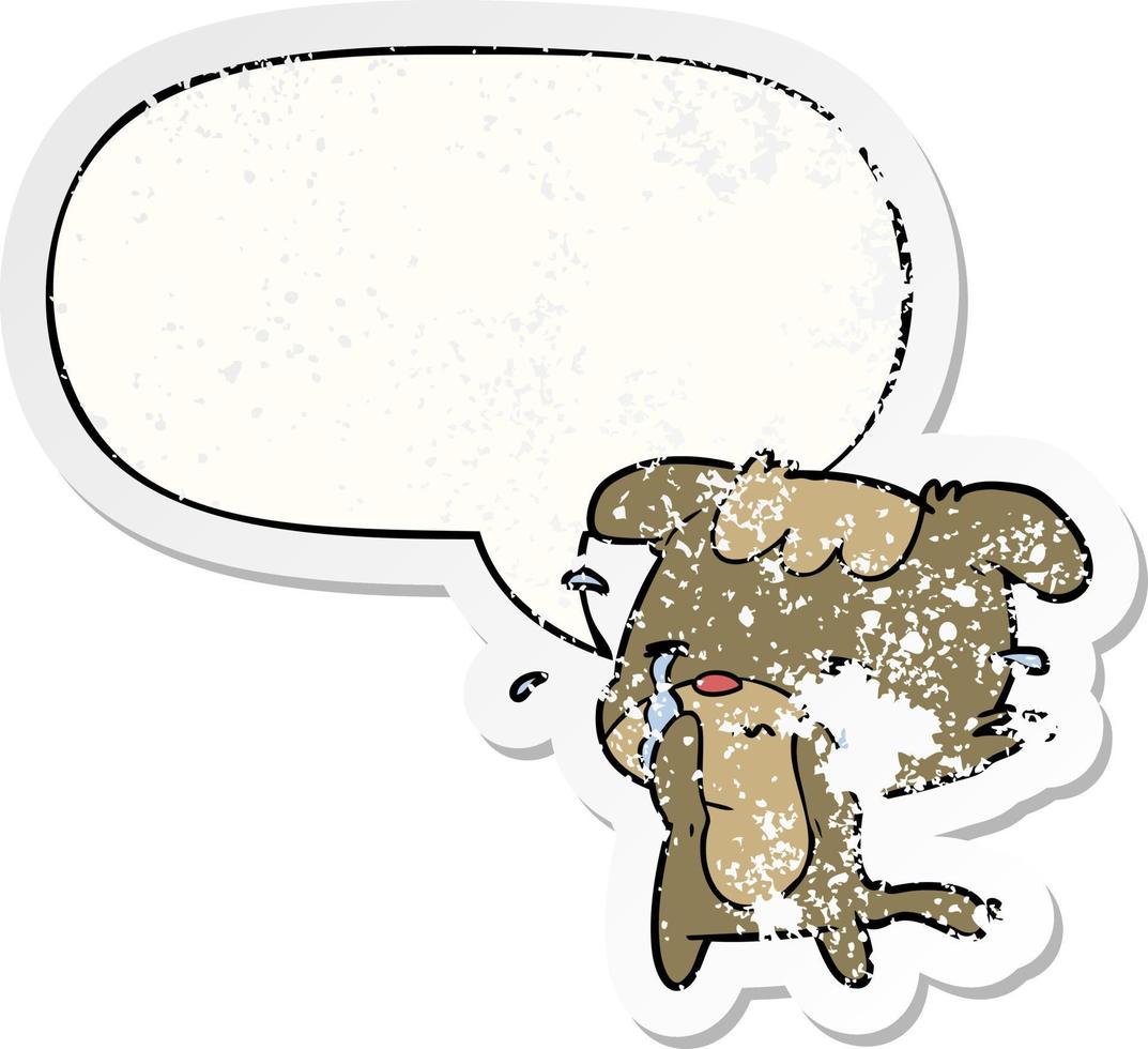 adesivo de cachorro triste de desenho animado chorando e bolha de fala angustiada vetor