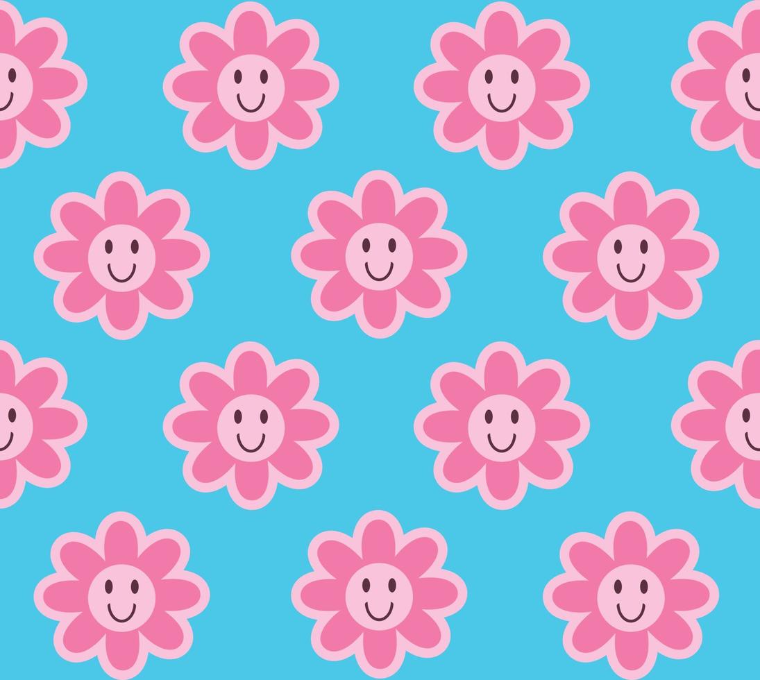 bonito sem costura de fundo com flor margarida sorridente na cor rosa no pano de fundo azul brilhante. ilustração vetorial, doce y2k retro, papel de parede vintage, design têxtil. estampa psicodélica na moda vetor